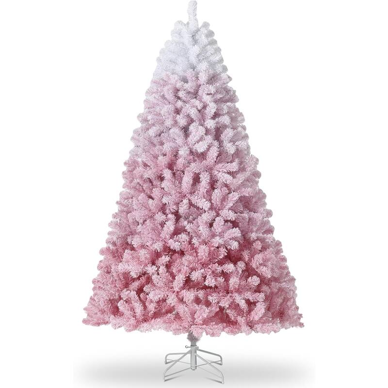 6FT Purple Gradient Pencil Christmas Tree – Prelit with 100 Dual Color LEDs, Snow Flocked, 320 Branch Tips,Metal Stand - 7.5 Foot - WHITE&PINK