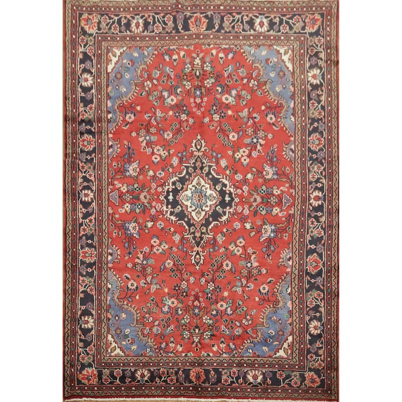 Hand Knotted Oriental 100% Wool Carpet Traditional Floral Red Hamedan Area Rug - 9' 7'' X 6' 7''