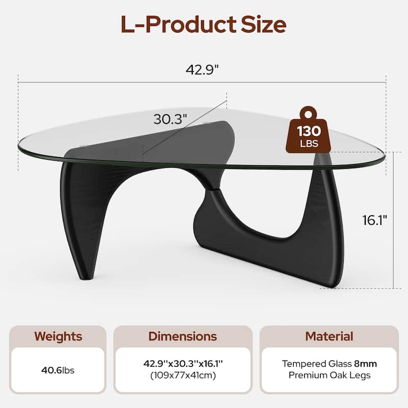 Mid Century Triangle Coffee Table Tempered Glass Top With Rubber - Black L Size