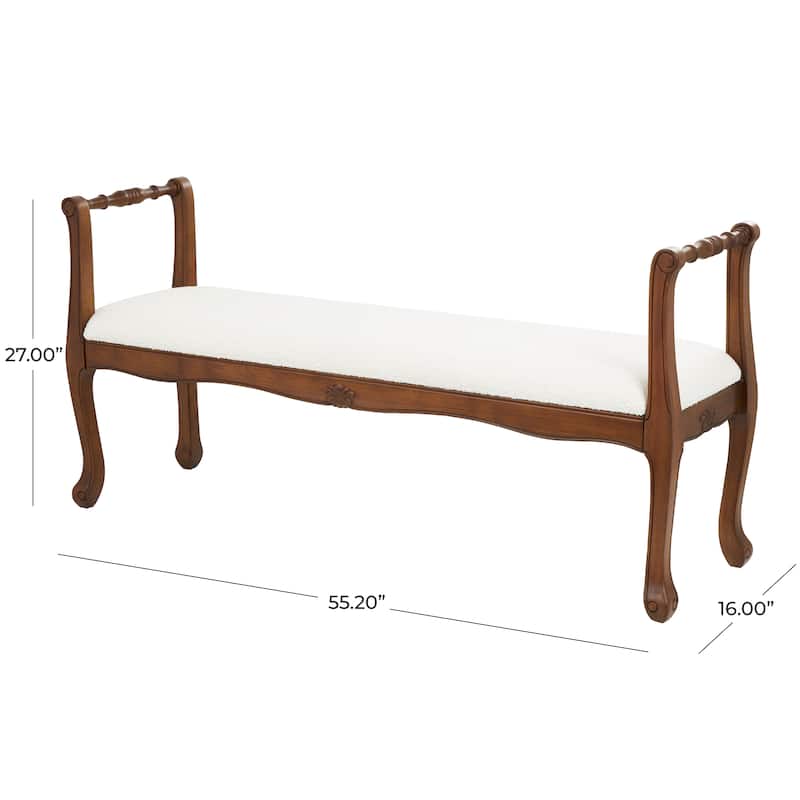 Fabric Arm Bench with Brown Traditional Wood Turned Legs - Cream - Roche River Decor - 16"W x 55"L x 27"H