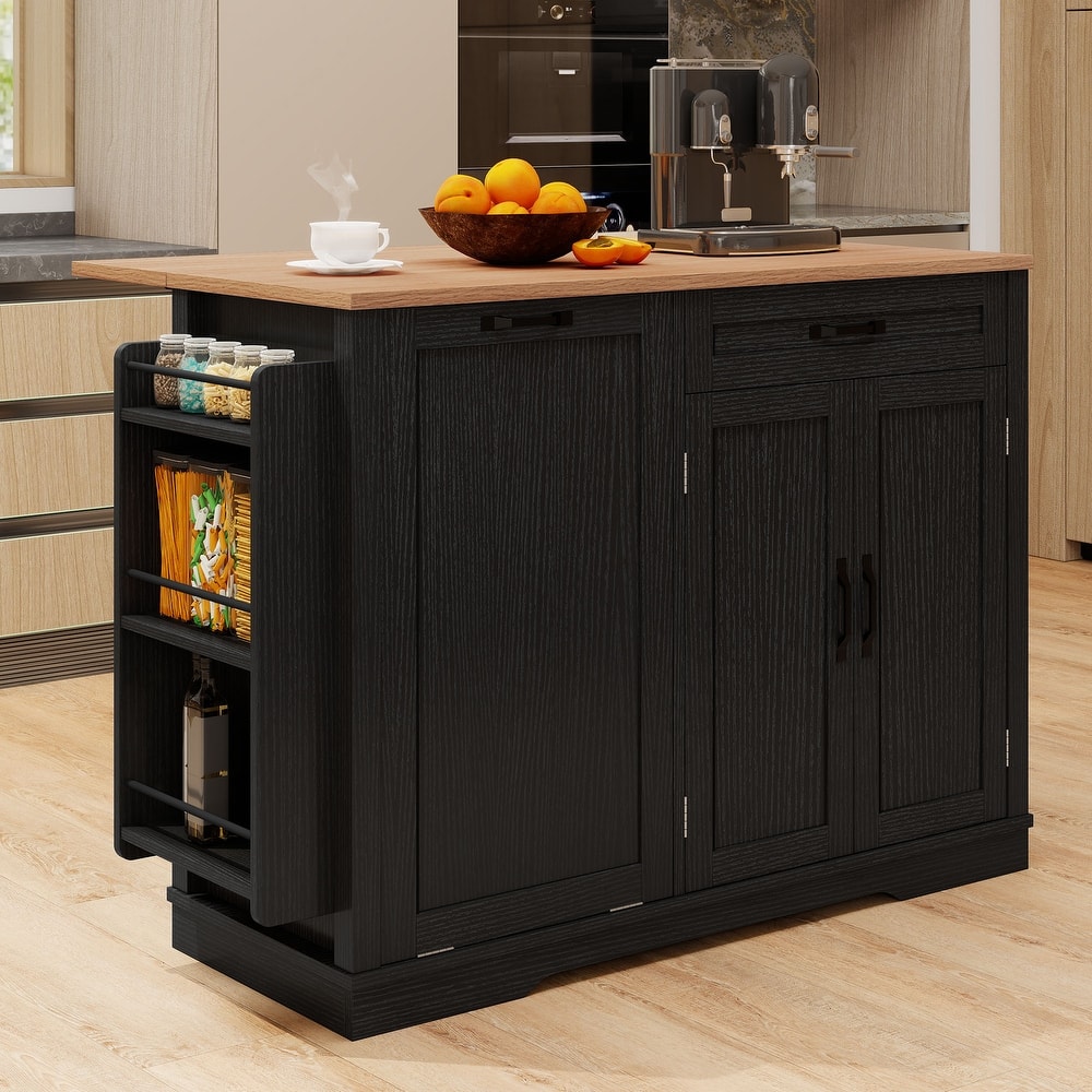 Moasis 50 Inch Drop Leaf Rolling Kitchen Island With Trash Can Storage Cabinet And Drawer