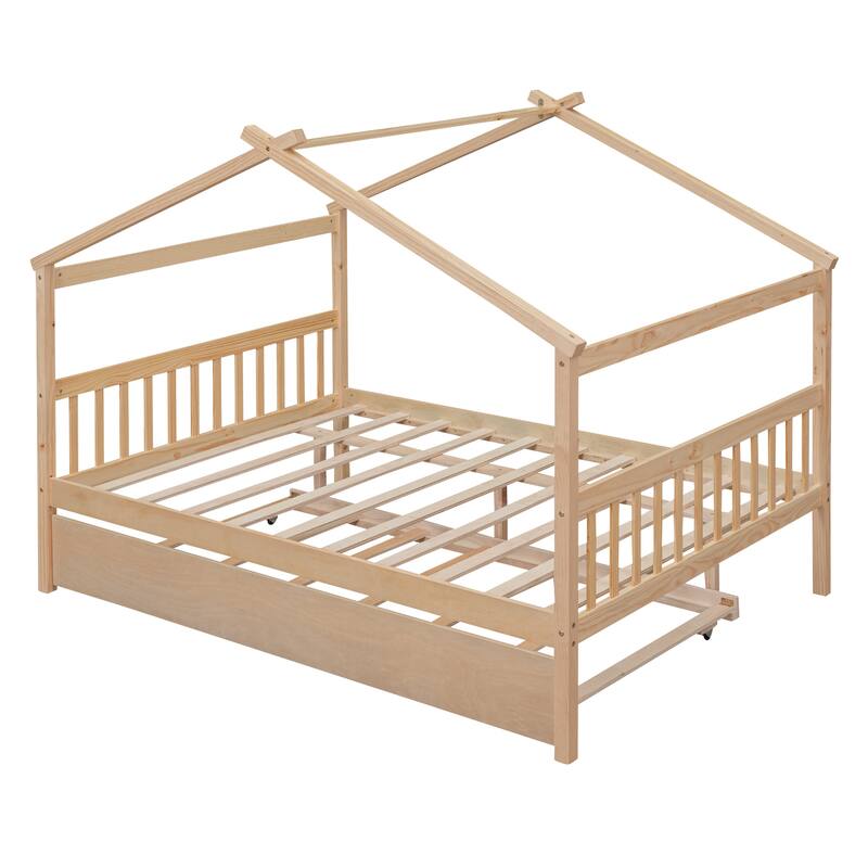Twin/Full House Bed with Pull-Out Trundle, Solid Pine Wood Frame for Sleepovers