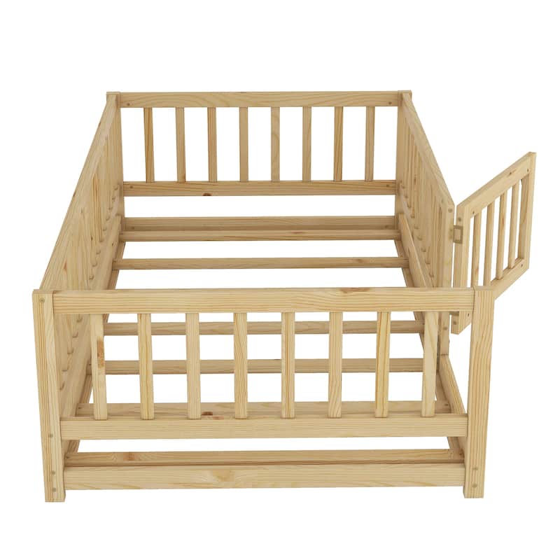 Twin Size Montessori Floor Bed with Safety Fence & Door - Pine Wood Frame