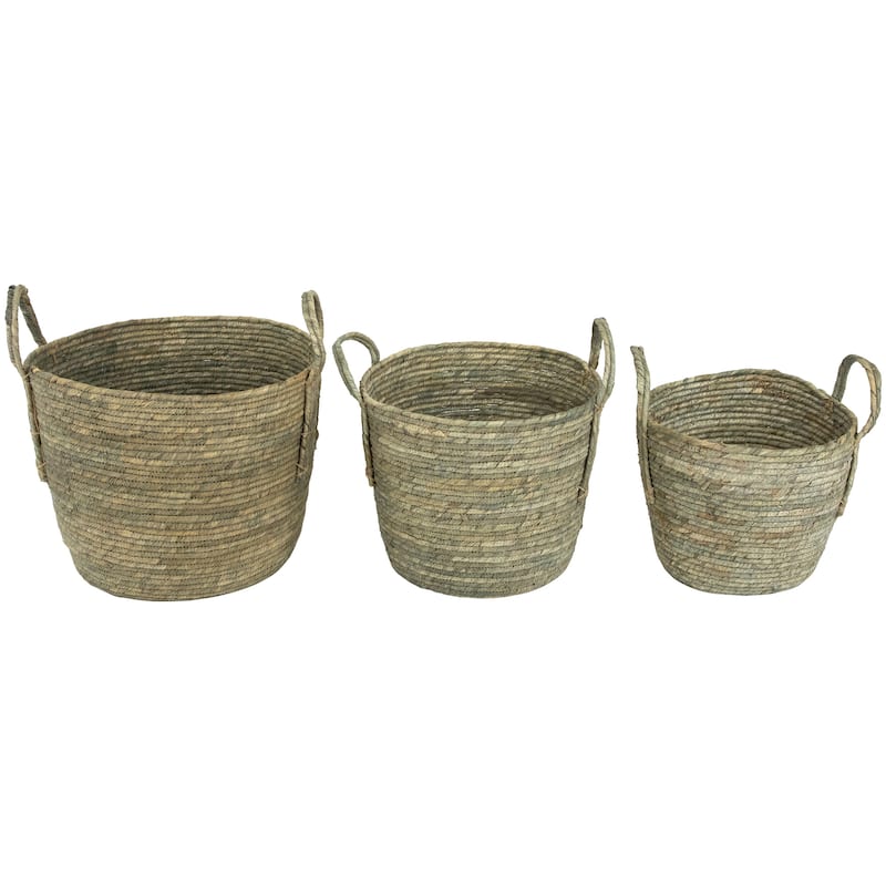 Set of 3 Gray Tall Seagrass Storage Baskets Sewn Zig Zag Accents 13"