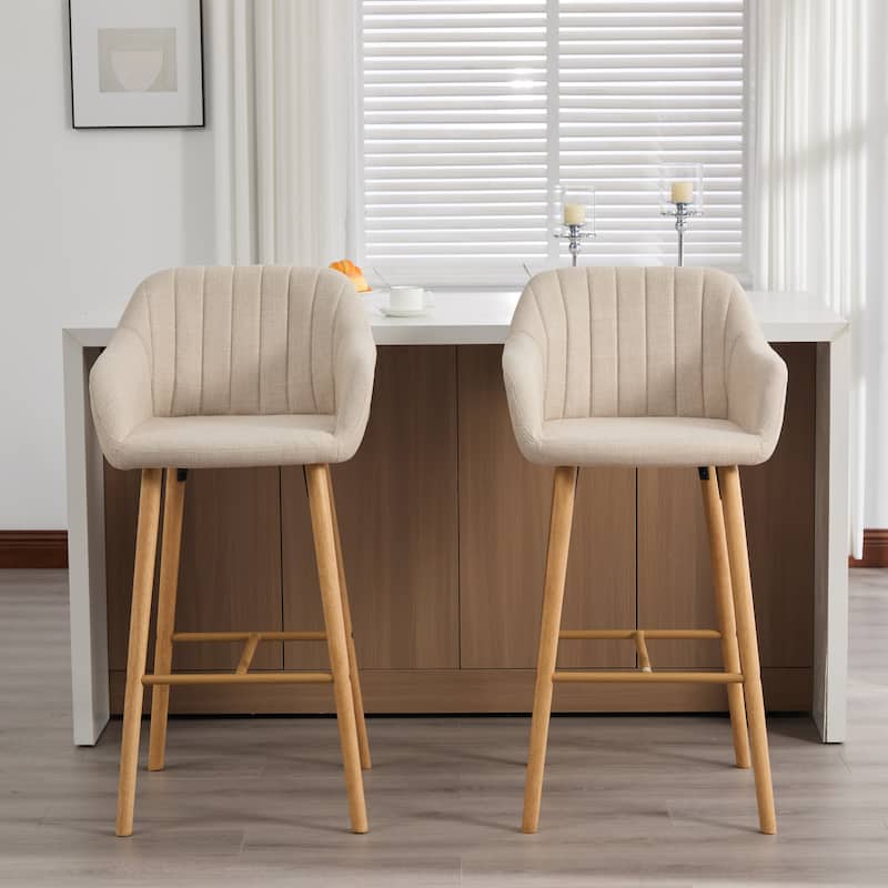 Modern Bar Stools Set of 2, Kitchen Island Tall Chairs with Back, Arm, Footrest and Solid Wood Leg, Upholstered Bar Stools