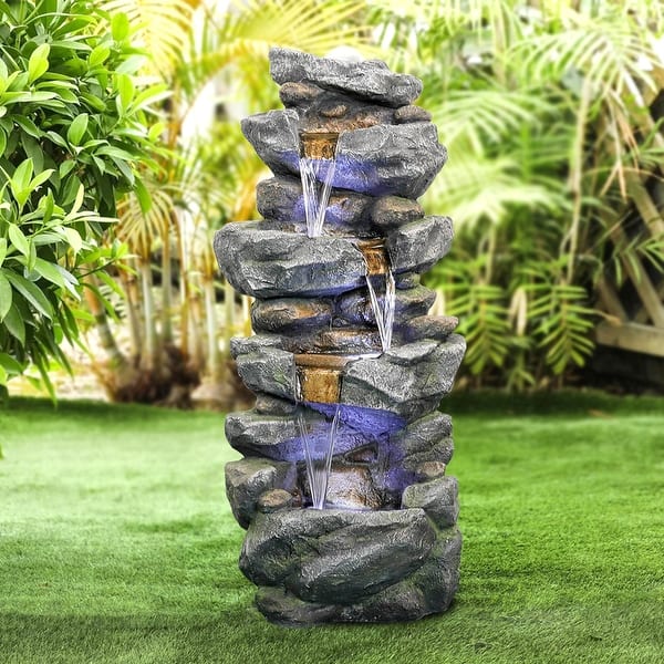 slide 2 of 13, Outdoor LED 4-tier Stacked Rock Water Fountain Grey - Modern & Contemporary - Polyresin - Floor/Lighted - Assembly Required