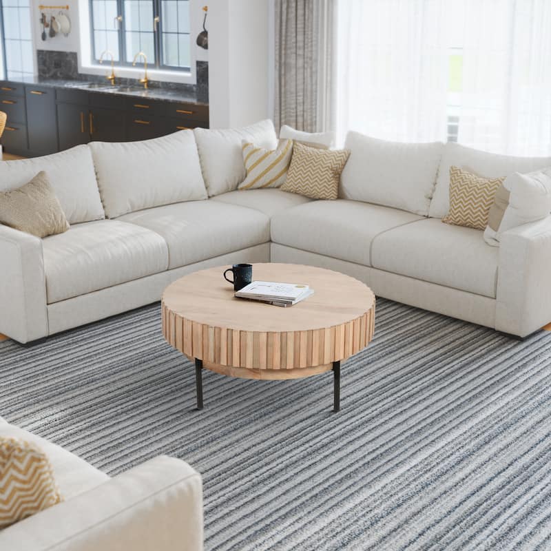 36 Inch Modern Handcrafted Round Coffee Table, Oak White Wood Top with Grooved Edges, Black Iron Legs - Oak White, Black