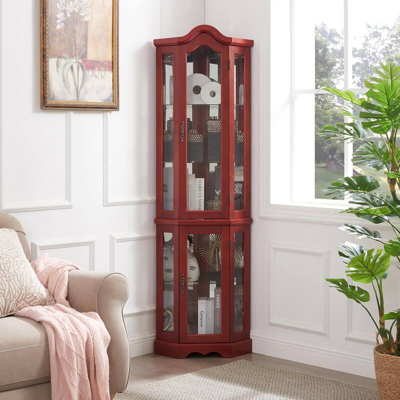 Roomfitters Lighted Glass Display Curio Cabinet with Tempered Glass Doors and Shelves, Crown Corner Cabinet with Bulb, Corner
