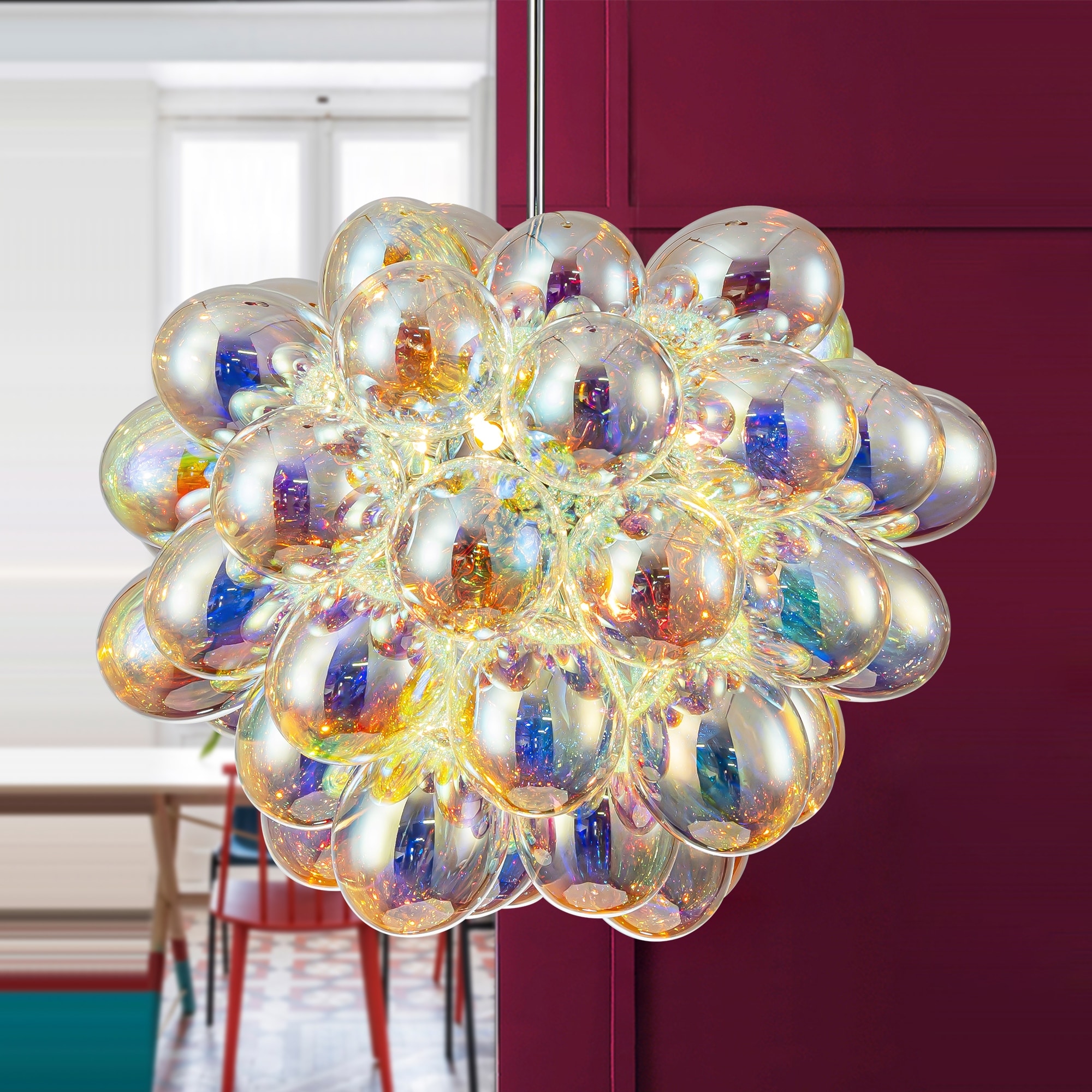Rennnsan 6-Light Modern Glam Cluster Sputnik Iridescent Glass Globe Bubble Chandelier for Living/Dining Room