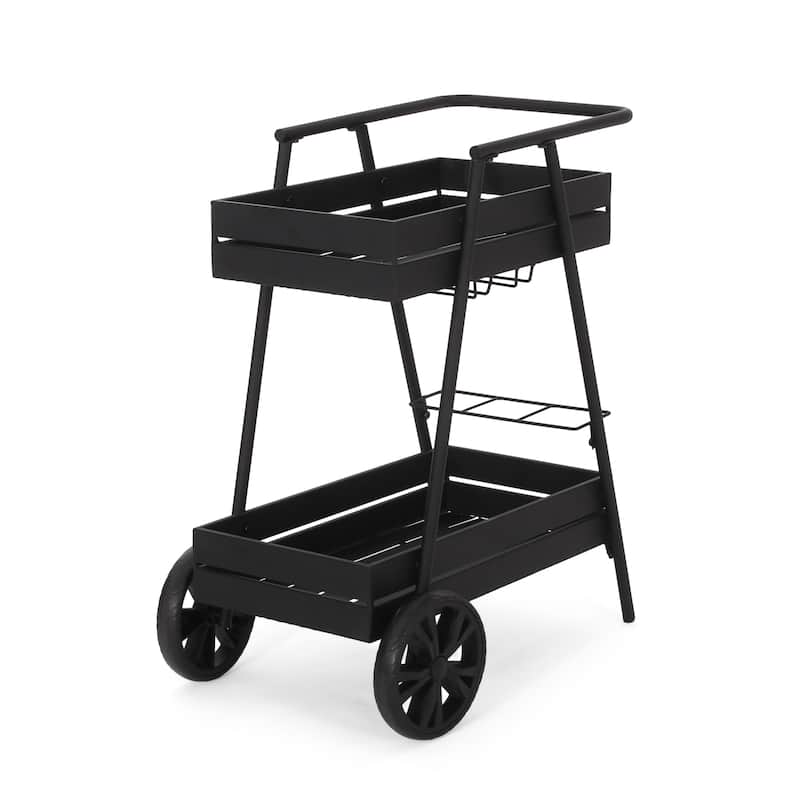 Roomfitters Outdoor Metal Rolling Bar Cart with Wine Glass Holders and Bottle Storage, Modern Black