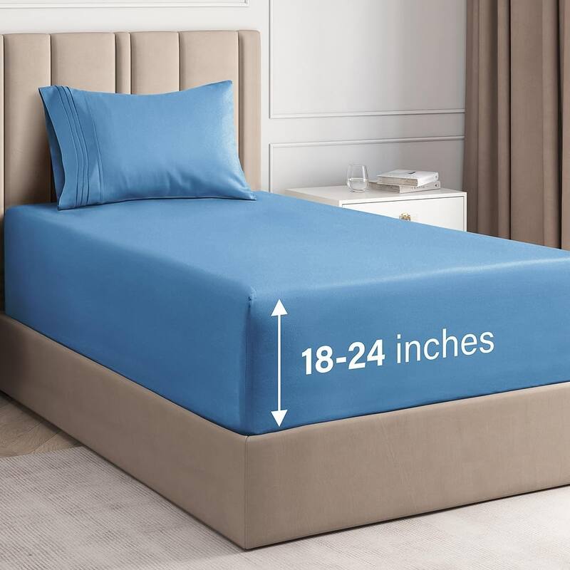 CGK Linens 4 Piece Solid Microfiber Extra Deep Pocket Bed Sheet Set - Twin - Denim Blue