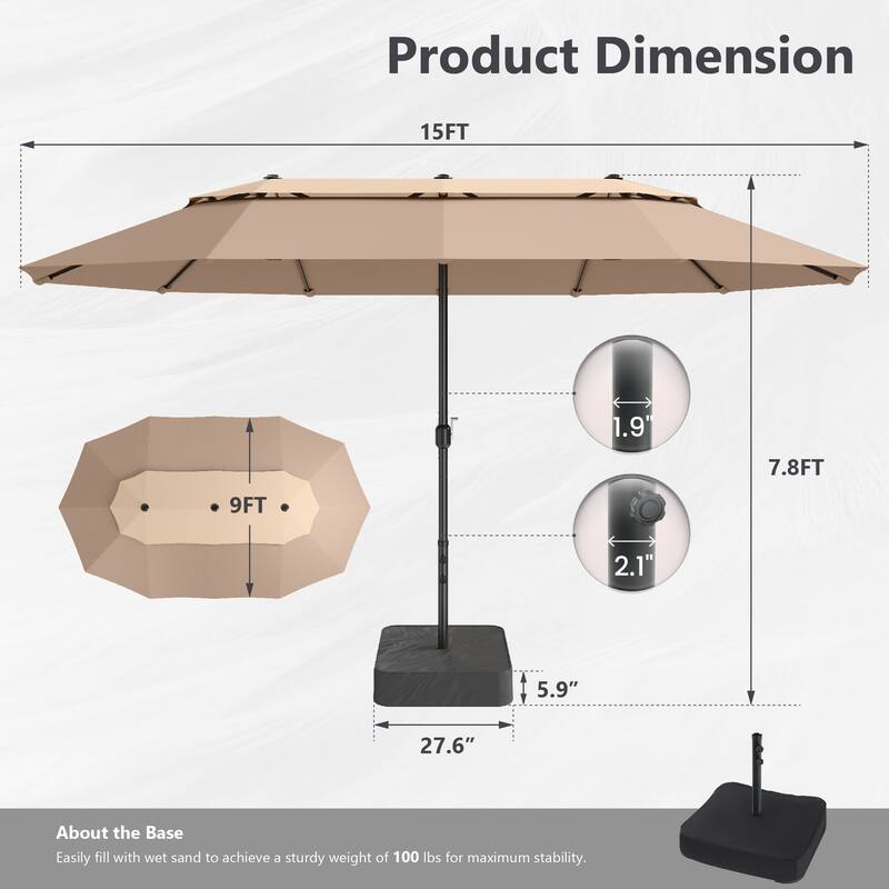 MAISON ARTS 15ft 2-Tier Large Patio Umbrella with Solar Lights, Double-Sided Outdoor Market Umbrellas with Base Included