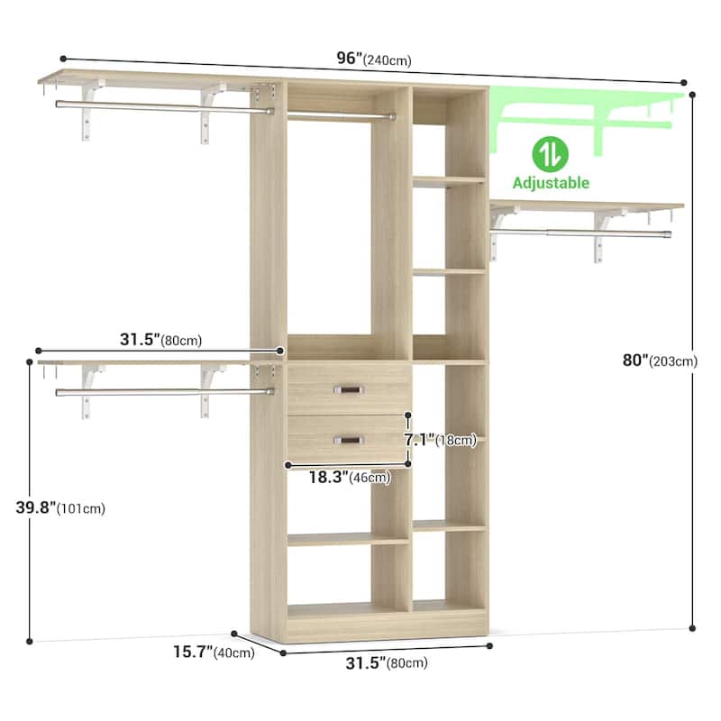 31.5'' to 96'' W Closet Organizer System with Drawers and Tower Shelves for Reach-in and Walk-in Closet