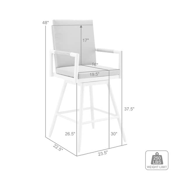 dimension image slide 0 of 3, Crown Outdoor Patio Swivel Bar Stool in Black Aluminum with Wood Accent and Dark Gray Cushions - 30" Bar Height