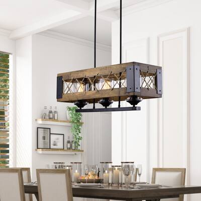 Farmhouse 3-light Wood Island Lights Glass Shade Rustic Chandeliers