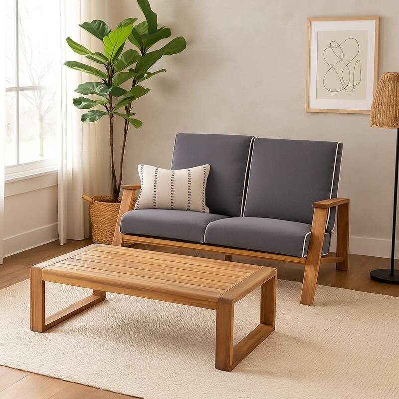 Eddy 2pc Patio Loveseat and Coffee Table Set, Brown Acacia Wood, Gray
