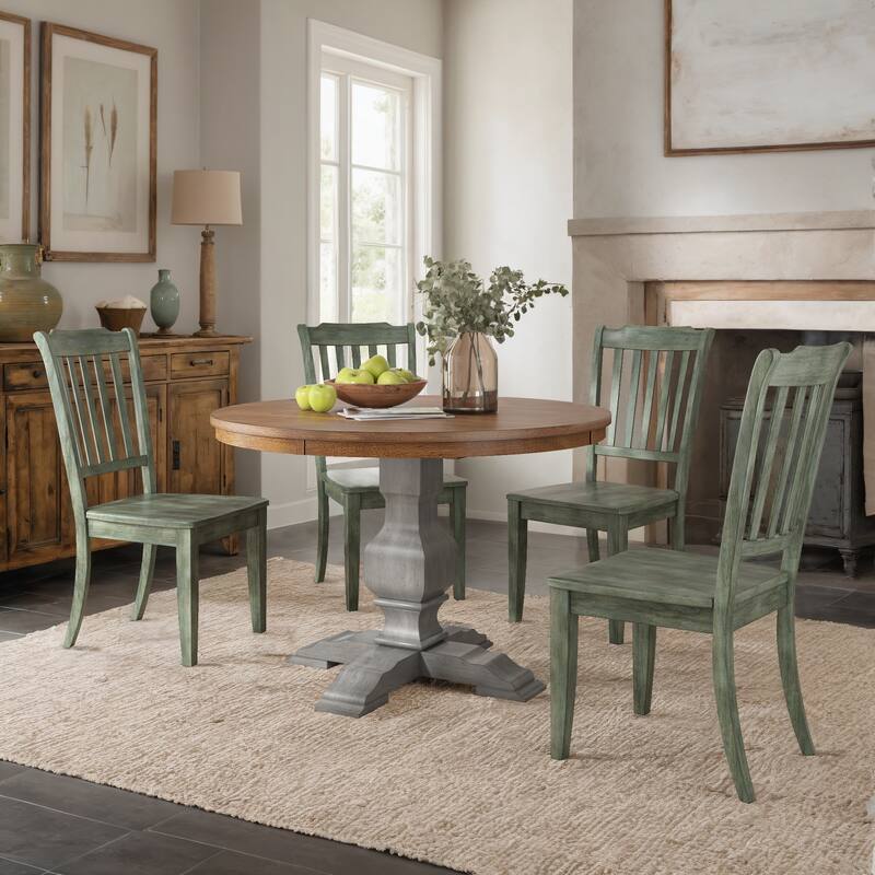 Ronda 45" Round Solid Wood Top Dining Set with Spindle Back Chairs - Antique Grey Table - Antique Sage Green Chairs w Antique Grey Table