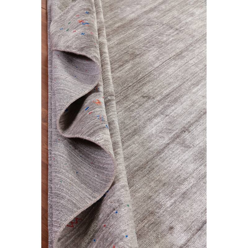 Hand Knotted Oriental Viscose Silk Carpet Tribal Stripe Greys & Charcoal Gabbeh Area Rug - 12' 0'' X 9' 2''