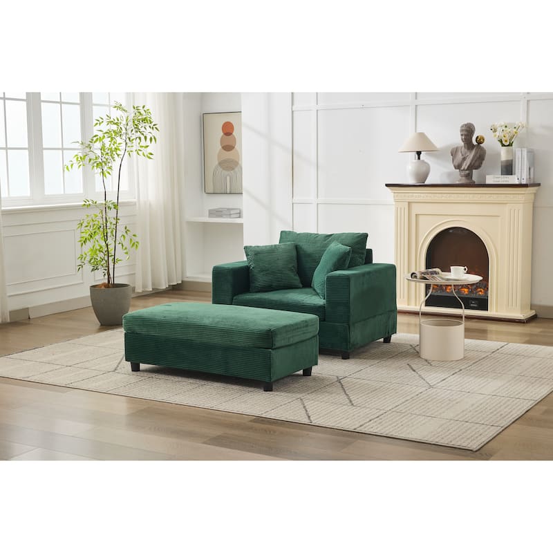 Chaise Lounge Chair with Removable Ottoman, Modern Accent Armchair Corduroy Sleeper Sofa Chair with Pillows for Living Room
