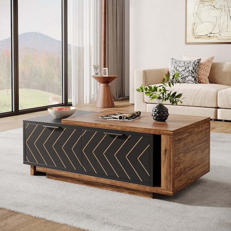 Wood Extendable 2-drawer Coffee Table with Sliding Tabletop