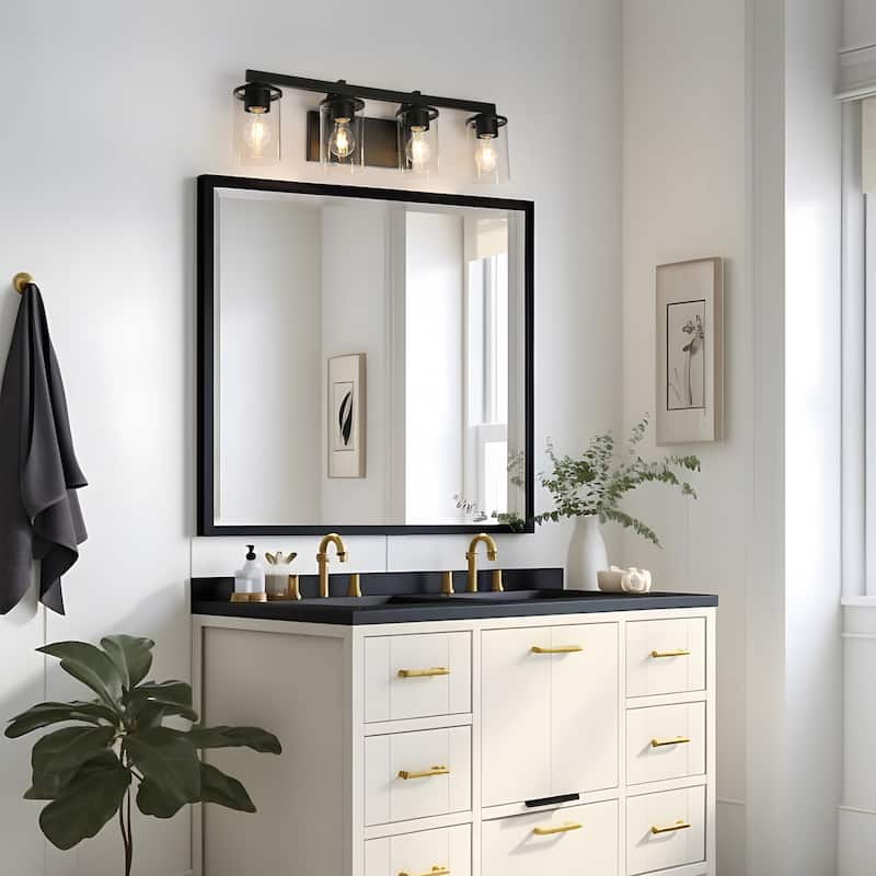 Modern Farmhouse 4-Light Black Bathroom Vanity Light Cylinder Glass Wall Sconces