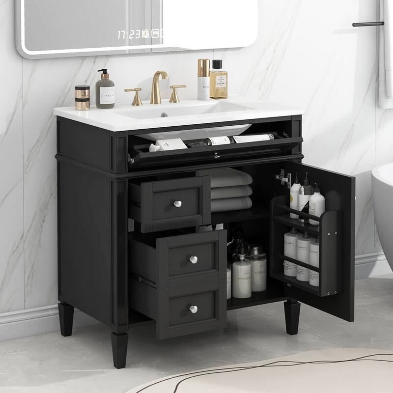 GDFStudio - Halmore Modern Freestanding Bathroom Vanity with Resin Sink, 2 Storage Drawers and a Tip-Out Drawer - 30'W