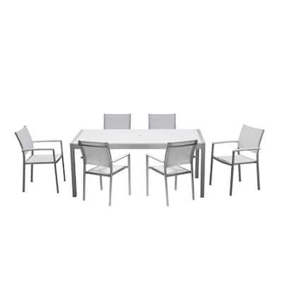 Fifi 7 Piece Dining Table Set, White Metal Frames, Smooth Textilene Fabric