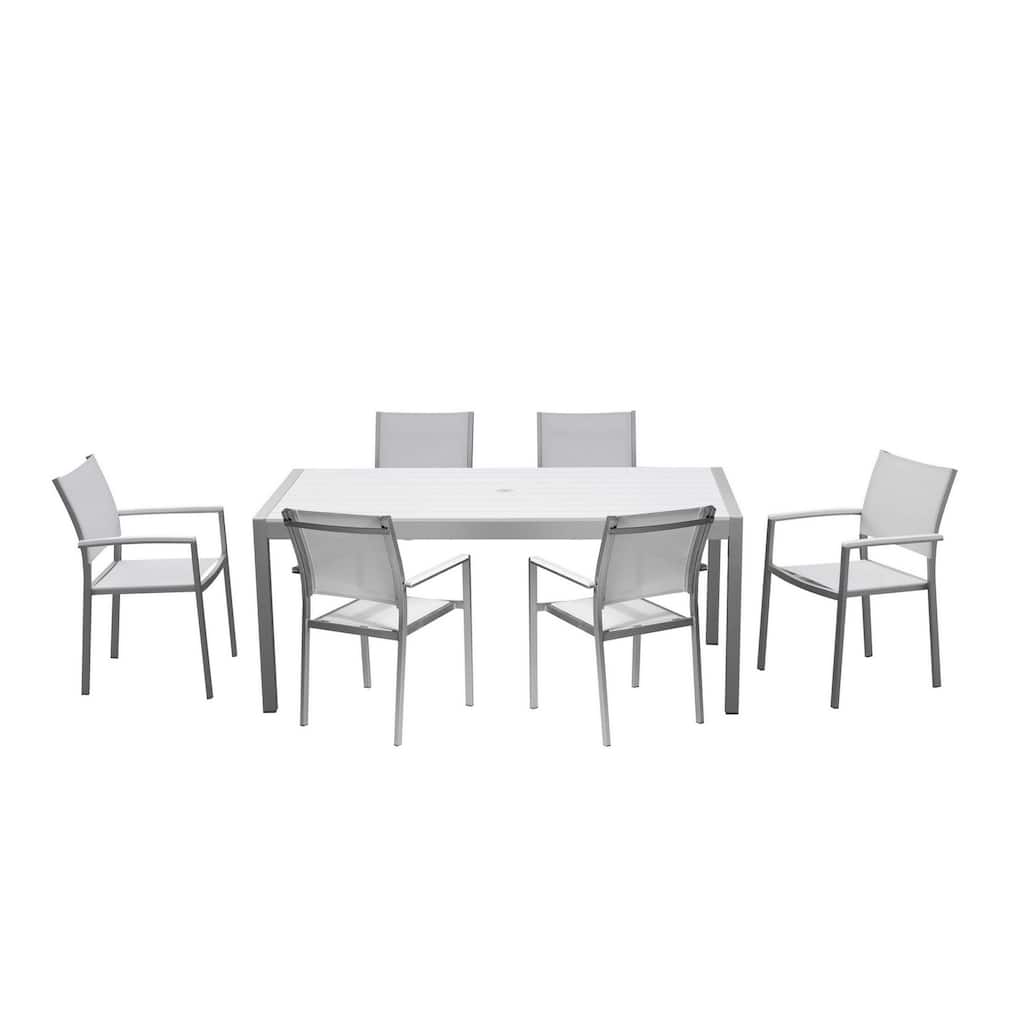 Fifi 7 Piece Dining Table Set, White Metal Frames, Smooth Textilene Fabric
