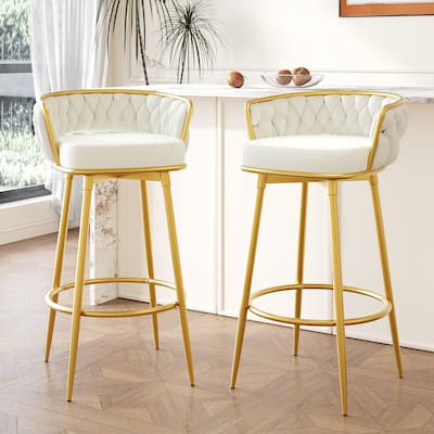 Swivel Bar Stools Counter Height Chairs, Velvet Upholstered Barstools with Hand-Woven Backrest and Gold Metal Legs, Set of 2