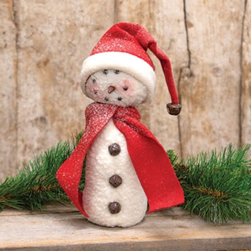 Plush Red Scarf Snowman with Stocking Cap Christmas Decoration - 3" x 3" x 9"