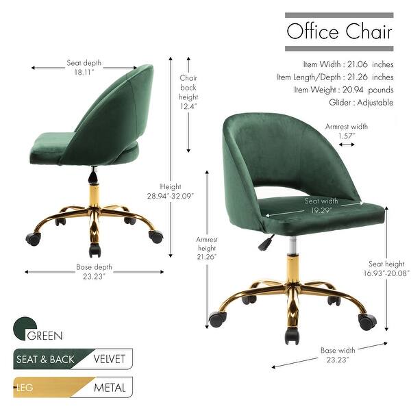 dimension image slide 3 of 5, Porthos Home Naiko Velvet Upholstery Swivel Office Chair
