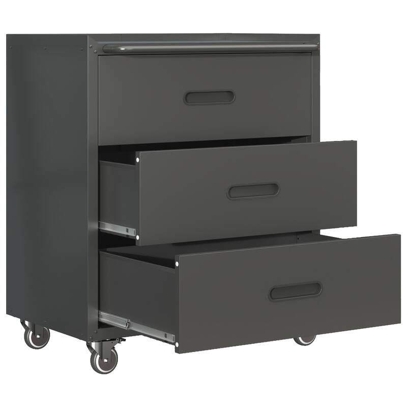 Black and Grey Steel Storage Cabinet with Raised Top and Smooth Sliding Drawers for Garage - 29.53"W x 16.54"D x 34.65"H