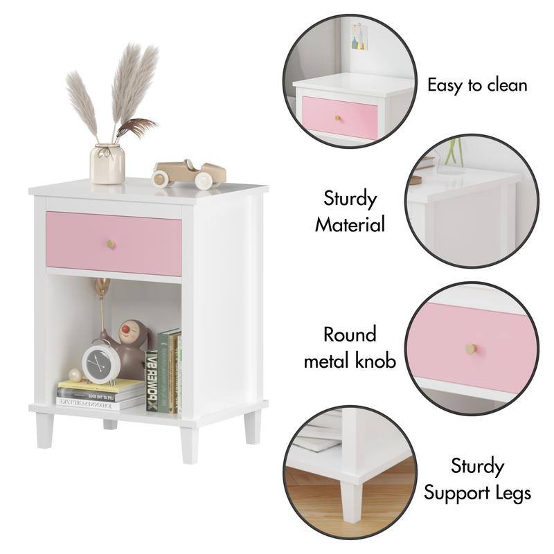 26.77''H Wooden Nightstand with One Drawer One Shelf for Kids