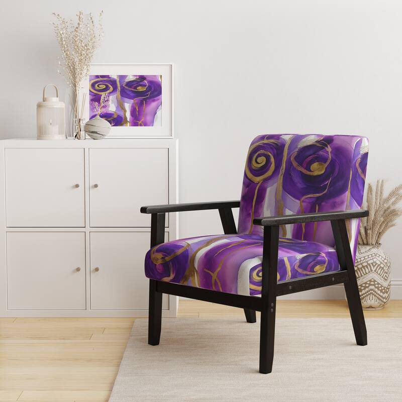 Designart "Mettalic Indigo And Gold II" Upholstered Abstract Accent Chair - Glam Arm Chair For Living Room - Arm Chair - Black Wood - Purple & Gold