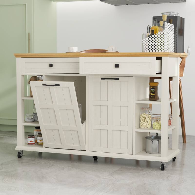 Moasis Rolling Kitchen Island with Storage & Drawers - White With Trash Can Cabinet