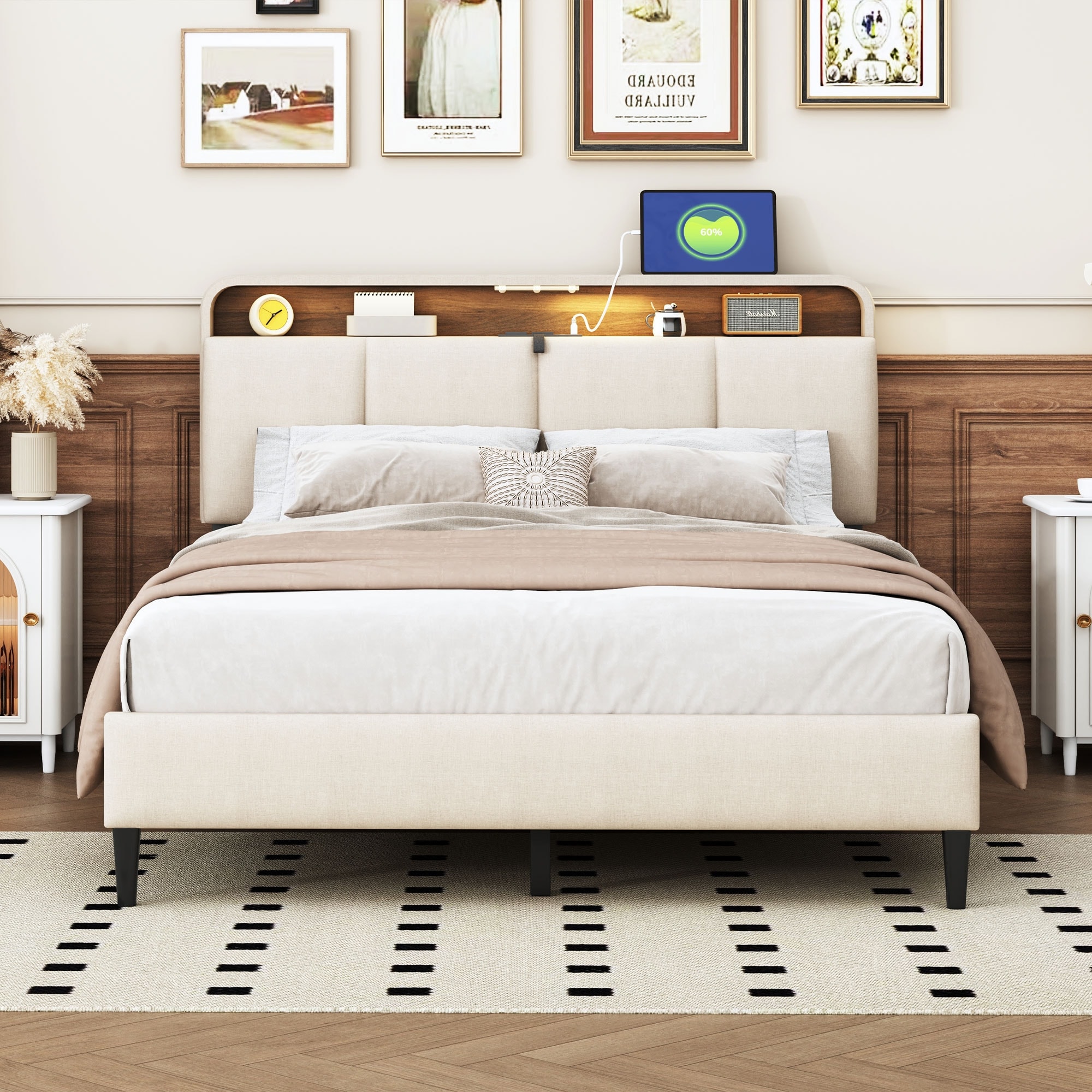 Elegant Upholstered Platform Bed with Classic Headboard and Storage