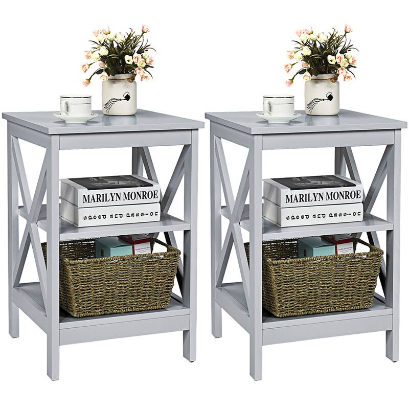 Gymax 2 PCS 3-Tier Nightstand End Table X Design Storage Display Shelf