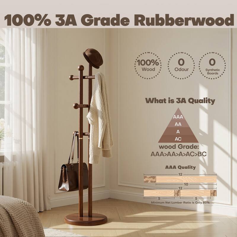 Freestanding Coat Rack Wooden Coat Tree with 6 Hooks and 2 Main Rods - 73.23"H x 15.75"W