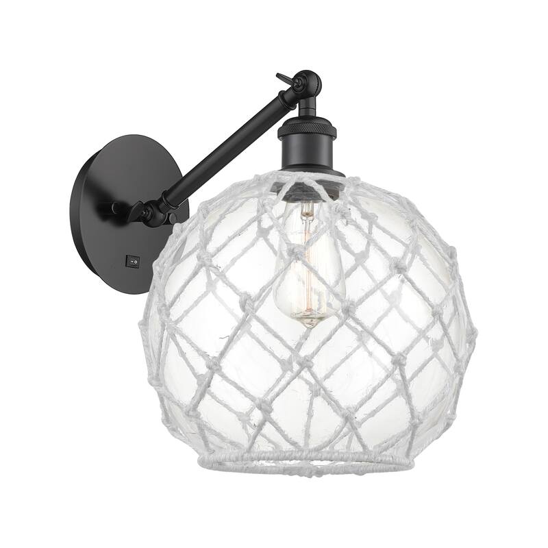 Innovations Lighting Endless Possibilities Ballston - Farmhouse Rope - 1 Light 10" Adjustable Sconce - Arm Adjusts Up and Down - Clear Glass with White Rope/Matte Black