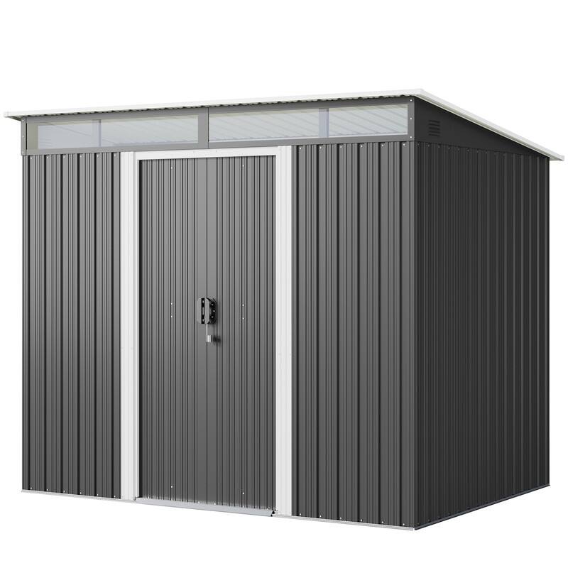 8' x 6' Outdoor Metal Storage Shed with Sliding Door, Multi-Functional Garden Shed with Glass Window and Anchor Bolts