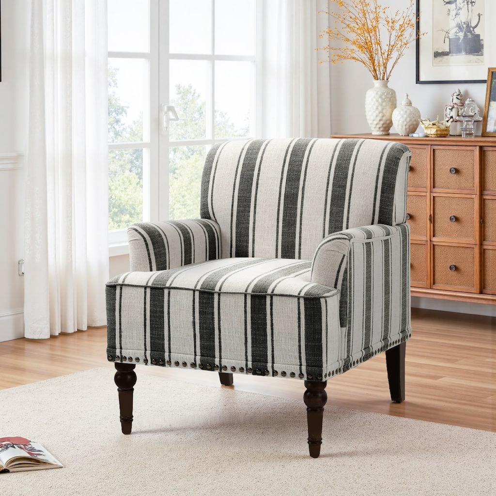 Striped Upholstered Linen Armchair with Brass Nailhead Trim