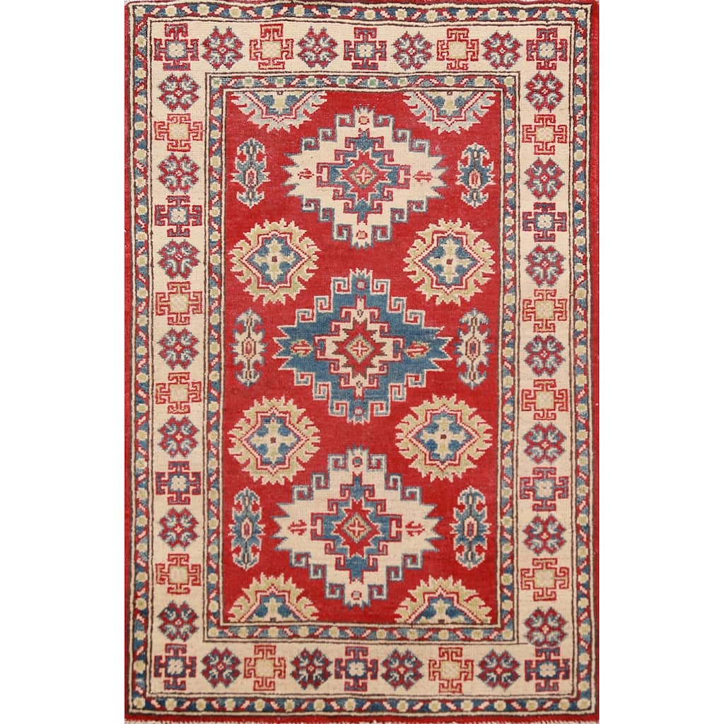 Red Kazak Foyer Rug Hand-Knotted Traditional Bedroom Wool Carpet - 2'8"x 4'0"