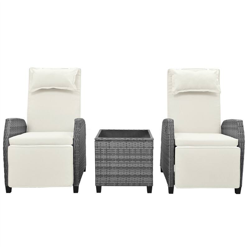 3 Pcs Patio Furniture Set, Patio Recliner Chairs Set of 2, Patio Conversation Set w/ Side Table, Outdoor Rattan Reclining Chairs