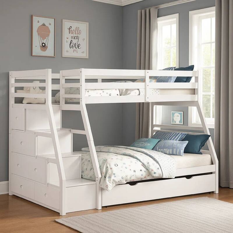 Ellon Twin over Full Bunk Bed, White Solid Wood, Storage Drawers