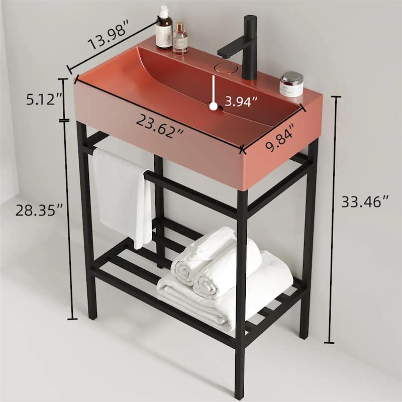 24" Bathroom Vanity Set with Ceramic Basin and Storage Shelves (No Faucet)
