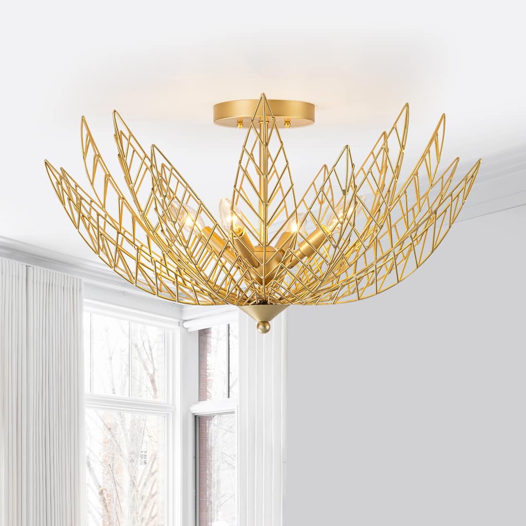 4 Lights Dual Semi-Flush Mount Ceiling Light Leaf Shaped Shades - Dia.26-in