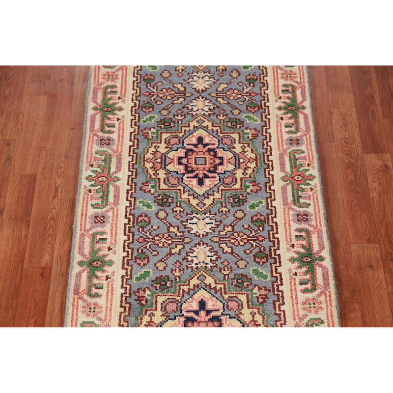 Hand Knotted Oriental 100% Wool Carpet Traditional Geometric Navy Blue & Blues Heriz (serapi) Runner Rug - 8' 1'' X 2' 6''
