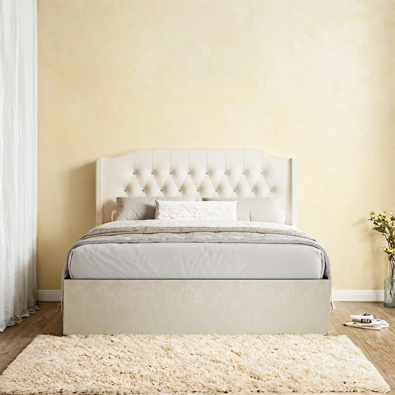 Queen Size Tufted Upholstered Bed Frame with Wingback Headboard and Under-Bed Storage Space - Beige