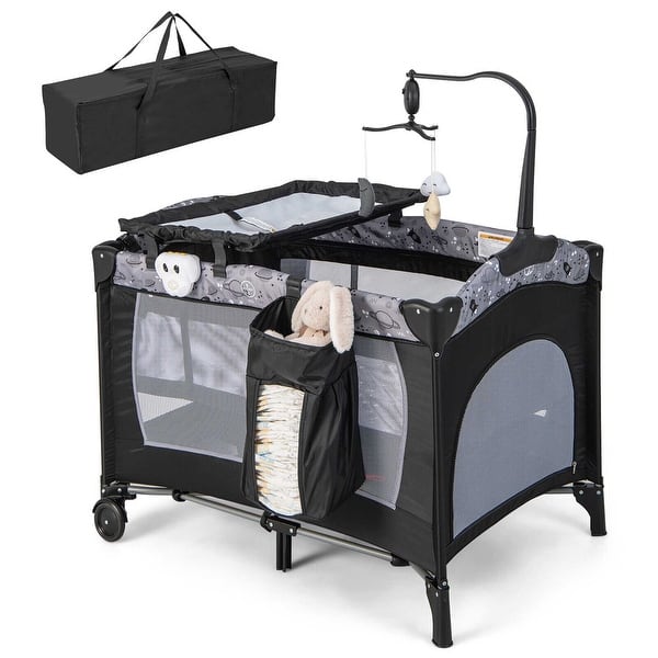 slide 2 of 19, Gymax Portable Baby Playard Nursery Center Crib Bassinet w/ Hanging