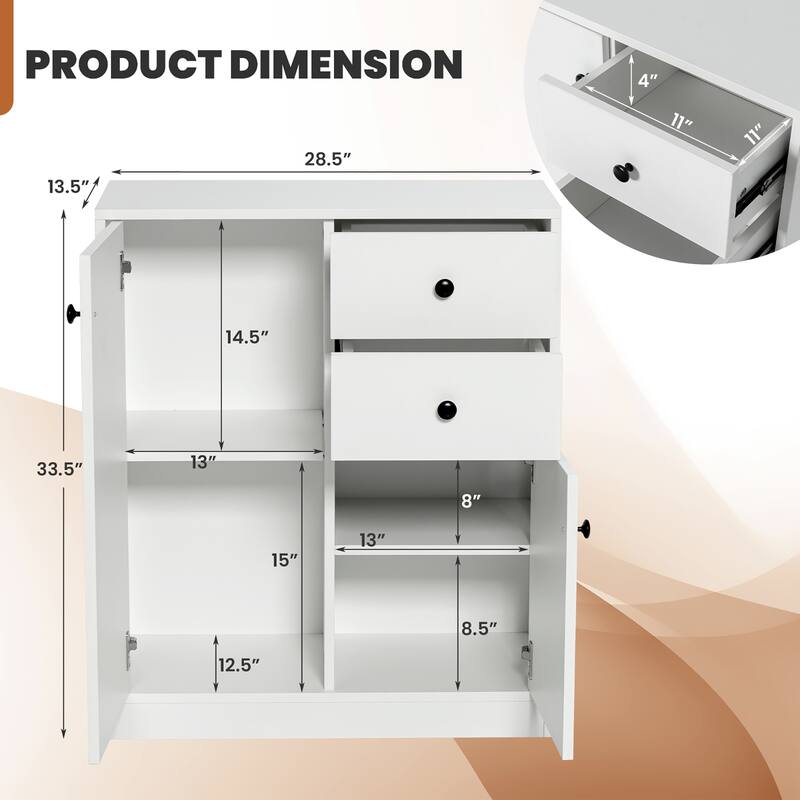 Kitchen Storage Cabinet 2 Drawer Floor Cupboard w/ Adjustable Shelves